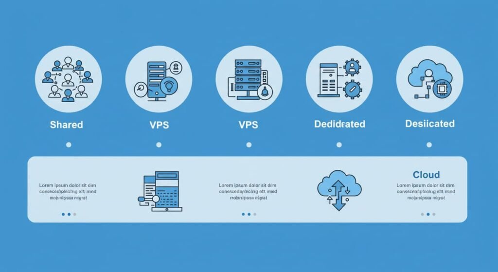 Tipos de hospedagem para sites: compartilhada, VPS, dedicada e cloud.