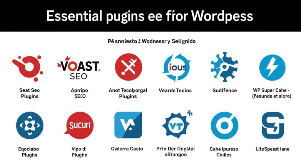 Plugins essenciais para WordPress: Yoast SEO, plugin de segurança e plugin de cache.