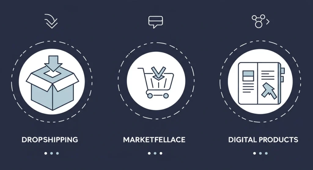 Modelos de negócio com baixo investimento: Dropshipping, Marketplaces e Produtos Digitais.