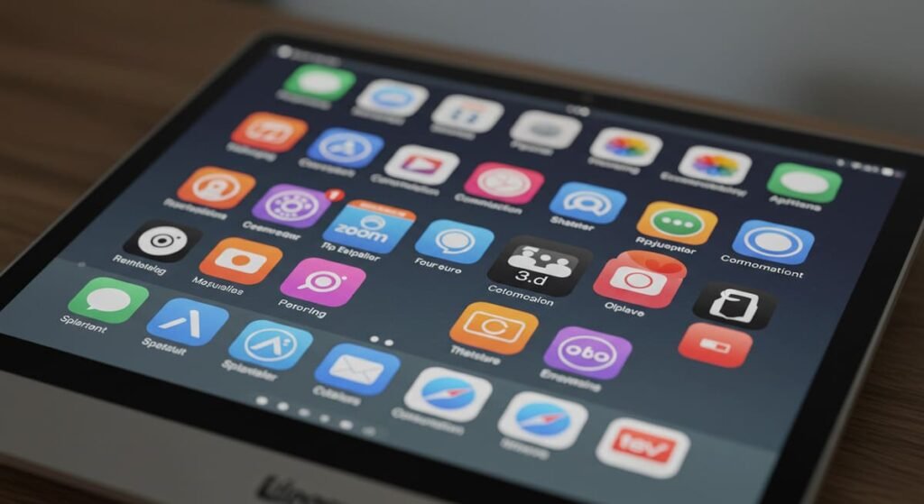 Tablet exibindo ícones de ferramentas digitais essenciais para iniciantes.