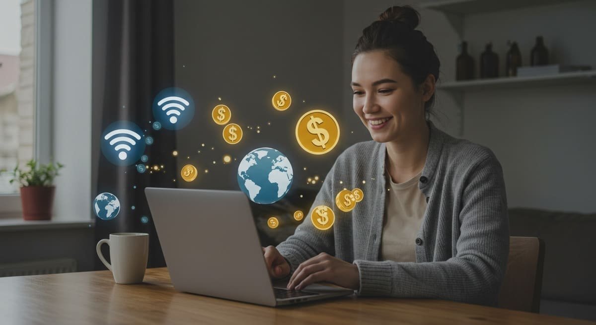 Pessoa feliz usando laptop em casa com símbolos de oportunidades online ao redor.