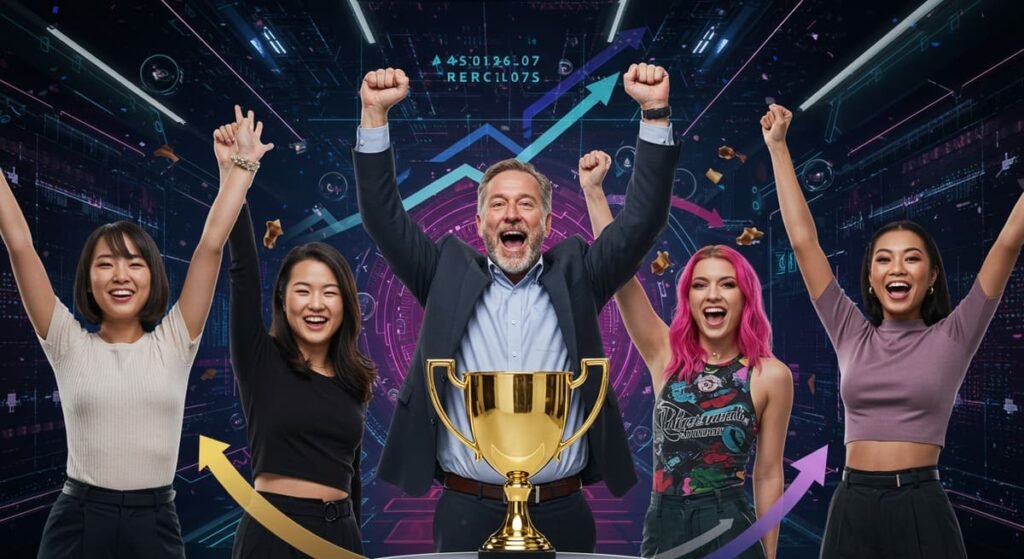 Pessoas celebrando conquistas no ambiente online.