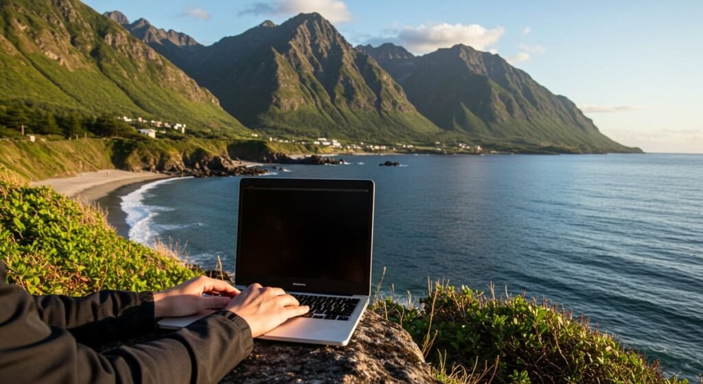 Pessoa trabalhando em laptop em um lugar paradisíaco, simbolizando flexibilidade no trabalho online.