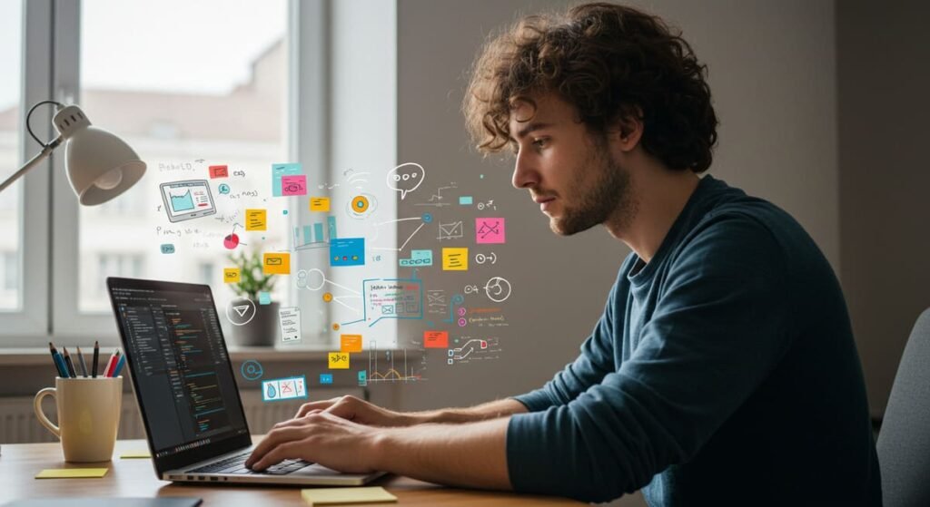 Profissional trabalhando como freelancer em casa com laptop.