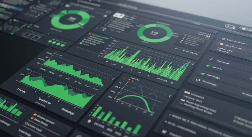 Exemplo de um dashboard de análise de dados, com gráficos de tráfego, conversões e comportamento do usuário.