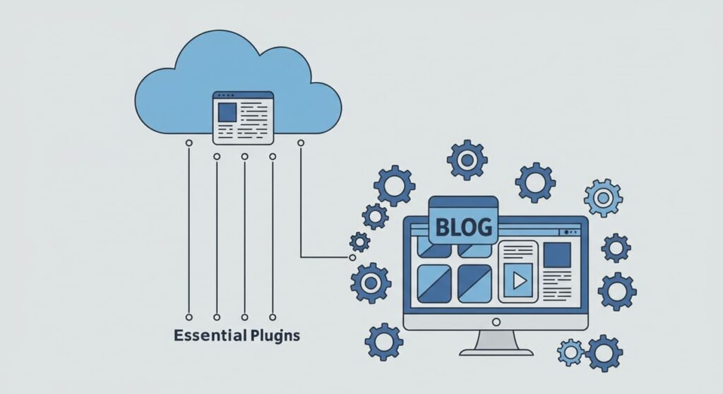 Infográfico que mostra como funciona uma estrutura online de sucesso, com hospedagem, blog e plugins essenciais para afiliados.