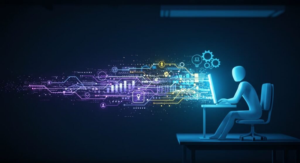 Ilustração abstrata que representa o fluxo de dados se transformando em insights e decisões de negócio estratégicas para uma análise de mercado digital estratégica