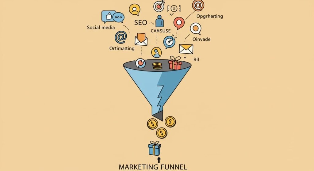 Infográfico de um funil de marketing digital, mostrando como a otimização de campanhas leva a um melhor ROI.