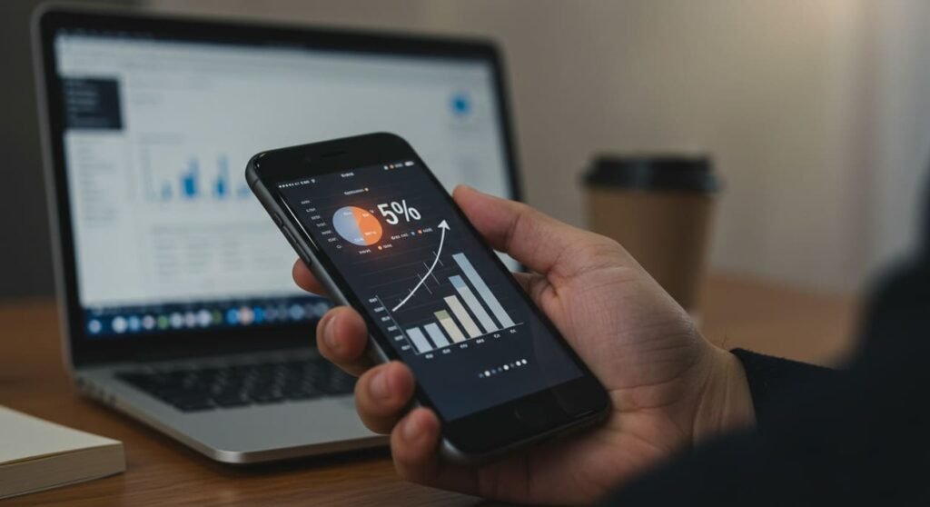 Imagem de uma pessoa analisando KPIs e métricas de marketing em um smartphone, com foco em resultados de crescimento.